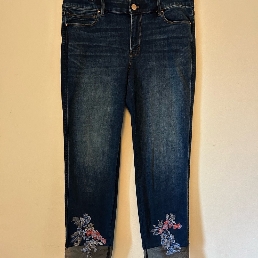 White House Black Market Blue Embroidered Cropped Jeans